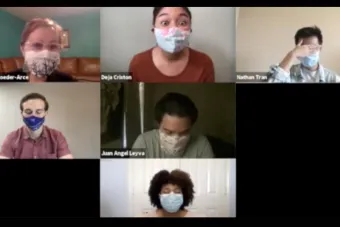 UTeach Fine Arts students and faculty playing a game over Zoom with masks on