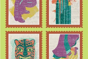 Four colorful masks on a green background