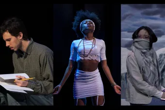Three actors under dramatic lighting