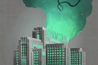 grey graphic for A WAR OF THE WORLDS featuring a giant building with green smoke pouring out of it