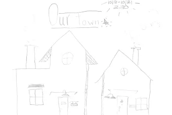 black and white drawing of two houses, with the title OUR TOWN above them