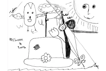 black and white drawing of a hat, bird, sun and flowers, with the words OUR TOWN and by: Christin and Quetta on it