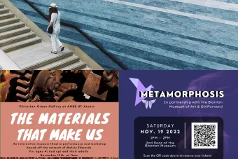 three images, one of the artwork STACKED WATERS, one with the words THE MATERIALS THAT MAKE US and the last with the words METAMORPHOSIS