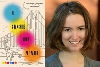book cover for Paz Pardo's new book THE SHAMSHINE BLIND, next to Pardo's headshot
