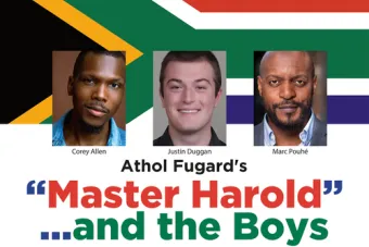 Headshots for the three actors performing in MASTER HAROLD ...AND THE BOYS positioned over the South African flag