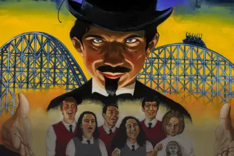 A top hat clad, magician like figure, waves his hands in an incantation, superimposed behind a group of choir children who seem blissfully unaware