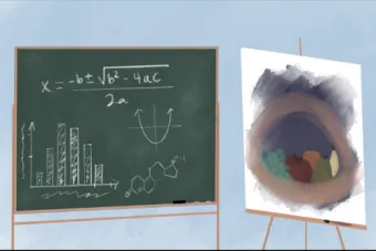 A blackboard with STEM diagrams on it stands next to an aisle with an abstract painting