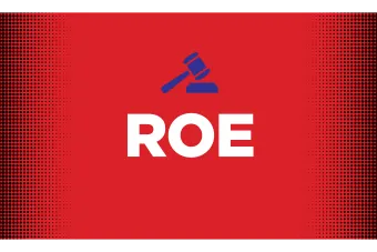 Red graphic with the title ROE and a purple gavel in the center