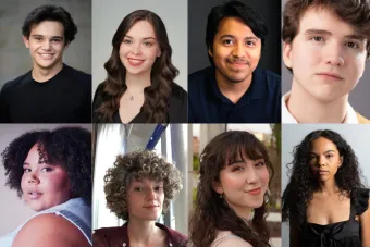 Eight headshots for the cast members of RIDE THE CYCLONE, organized in two rows of four