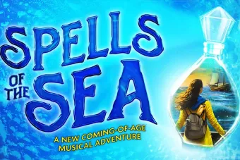 A graphic for SPELLS OF THE SEA, featuring a vial of elixir with an image of a girl looking out at the sea within it