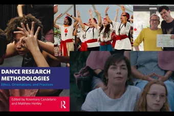 A collage of four images. One is a book cover for DANCE RESEARCH METHODOLOGIES, one is a still from a film and the others are of students collaborating on summer projects