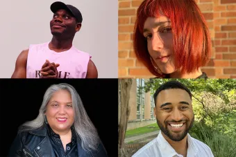 A collage of headshots for new faculty members Sinclair Emoghene, Katherine Freer, Virginia Grise and Luke Williams
