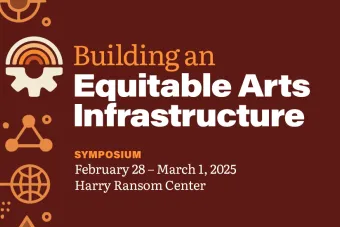 Burgundy and orange graphic for the Building an Equitable Arts Infrastructure Symposium