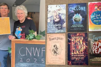 Photo of Chip and Alice Gentry holding a Cohen bingo card with almost all of the shows crosssed off