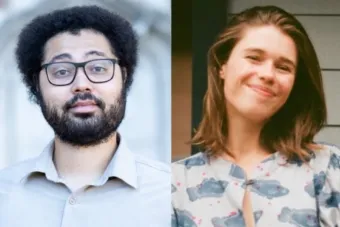 Headshots of Zachariah Ezer and Emma Watkins both wearing light blue shirts