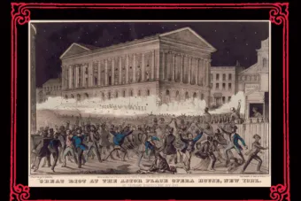 A drawing of Great Riot at the Astor Place Opera House, New York, on May 10, 1849.