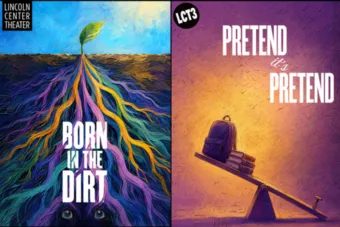 Two show posters, one with colorful roots and the other with a playground seesaw.