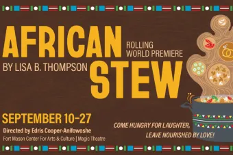 A graphic poster of a brown background with the text 'African Stew' overlayed in yellow
