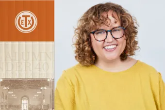 A woman with curly hair and bangs, wearing glasses and a yellow shirt, smiles.