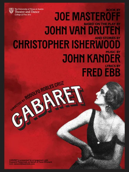 A smokey red graphic for CABARET, featuring a black and white image of a woman looking to her side with her hand on her hip