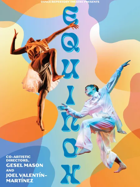 A colorful graphic for EQUINOX, featuring two dancers reaching out and up emphatically