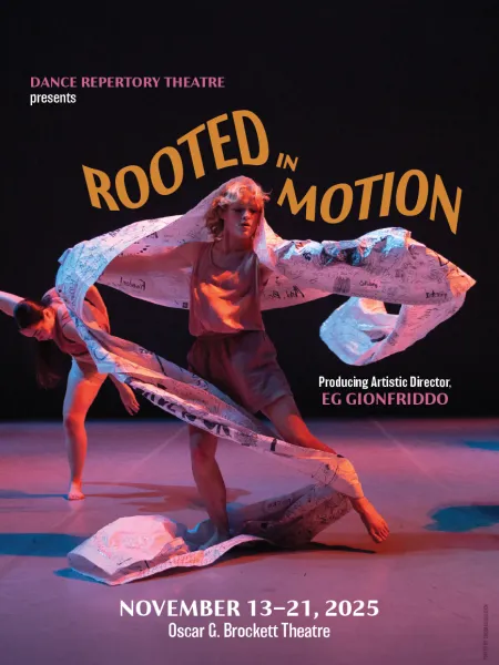 A graphic for ROOTED IN MOTION featuring a dance with their arms spread out and a large paper with sketches and writing draped over their shoulders