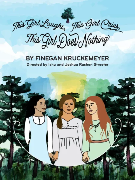 An illustration of three sisters holding hands, with a forest and a blue, watercolor sky behind them