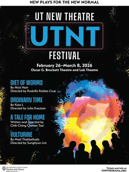 UTNT (UT New Theatre) graphic featuring a colorful, vortex-like visual element with human silhouettes in front of it