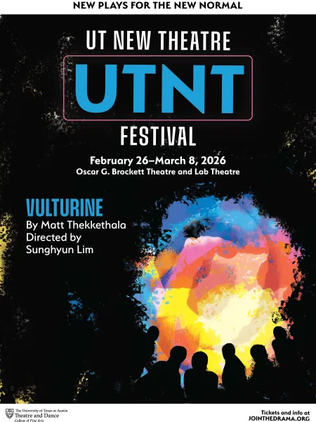 UTNT (UT New Theatre) graphic with the title VULTURINE, featuring a colorful, vortex-like visual element with human silhouettes in front of it