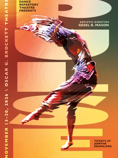 An orange background with a moving dancer on top of the text 'PULSE' spelled vertically