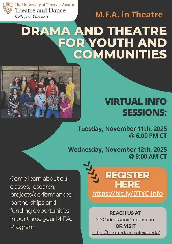 A flyer for the Drama and Theatre for Youth and Communities virtual information session