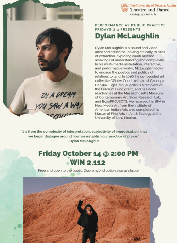 Event poster for PPP's Fridays@2 discussion with Dylan McLaughlin, featuring photos and a brief bio describing his work