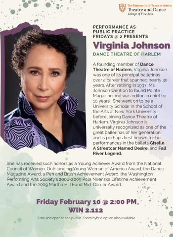 a headshot of Virginia Johnson of Dance Theatre of Harlem, along with information about her visit to the Winship Drama Building on February 10