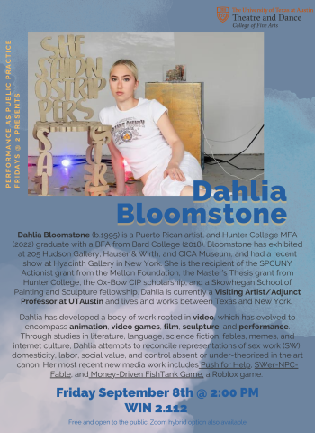 A blue graphic for PPP's Fridays@2 conversation with Puerto Rican video and performance artist Dahlia Bloomstone