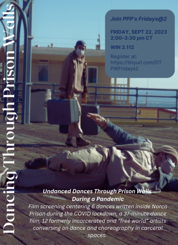 Poster for PPP's screening of DANCING THROUGH PRISON WALLS, featuring two dancers on a pier