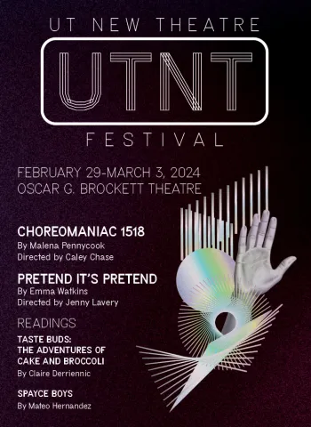 Graphic for UTNT (UT New Theatre) 2024, featuring two fully produced plays and two staged readings