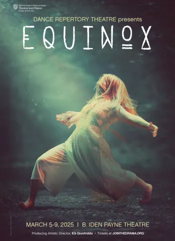 An etherial graphic for Dance Repertory Theatre's EQUINOX, featuring a dancer lunging forward with a forest of trees behind them
