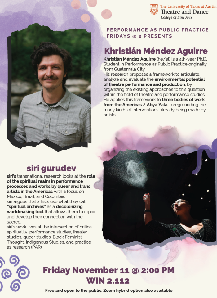 a poster for PPP's Fridays@2 speaker series with headshots and bios for Khristián Méndez Aguirre and siri gurudev