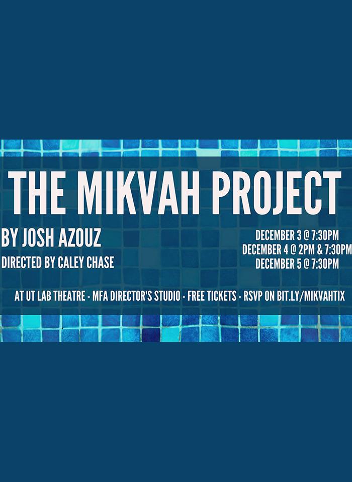 blue graphic with water and pool tiles, featuring information about THE MIKVAH PROJECT