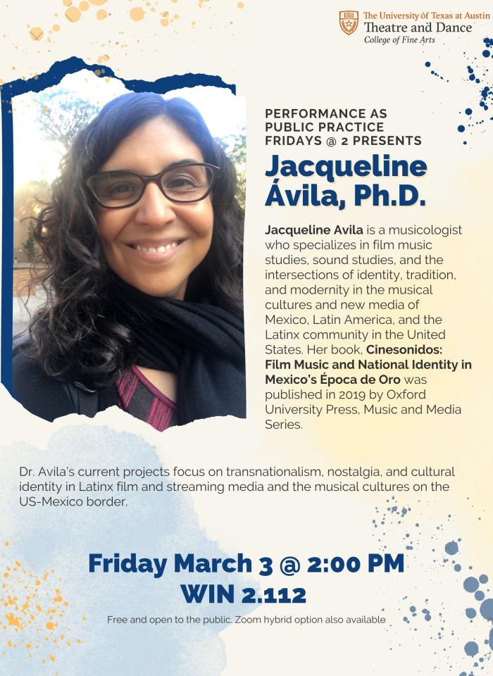 A headshot and bio for Dr. Jacqueline Avila, along with details about her upcoming PPP Fridays@2 discussion