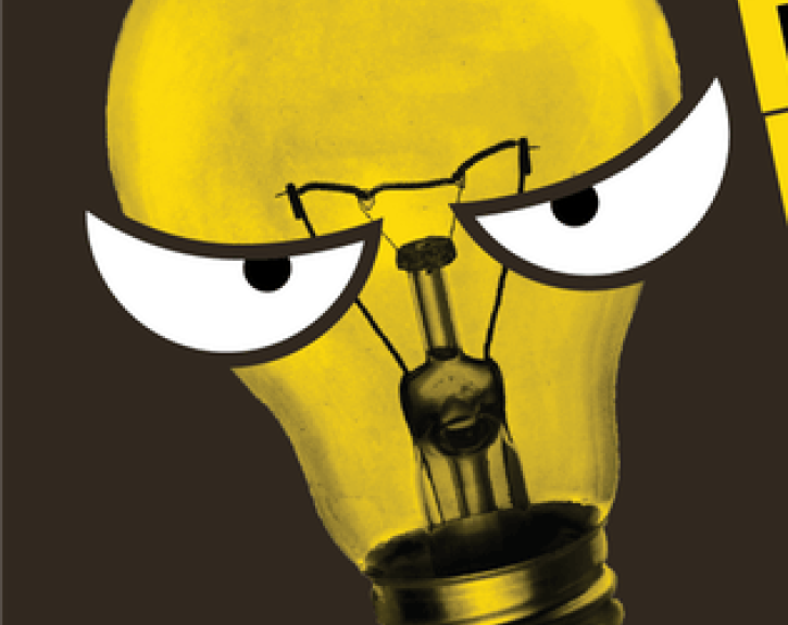light bulb with angry eyes logo