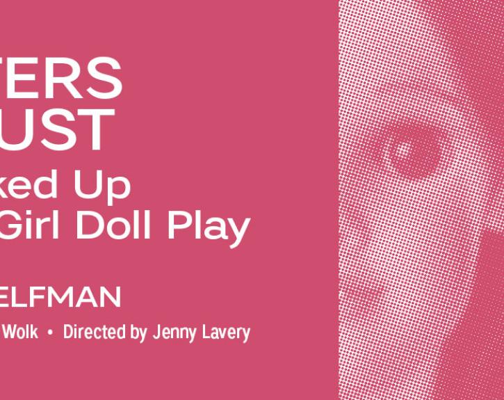 Pink graphic for IN SISTERS WE TRUST, featuring a doll's face