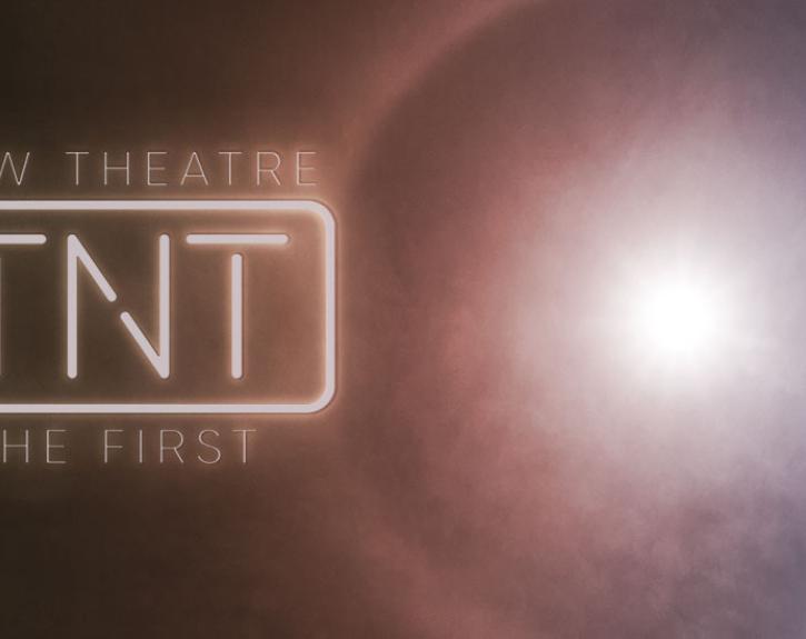multicolored graphic with a bright white light on it, featuring the title UT New Theatre UTNT and the text "Be the first"