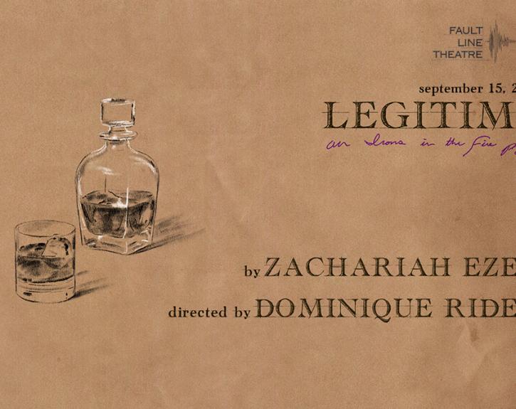 a sketched whiskey decanter next to one filled glass and one empty glass and the play title LEGITIME