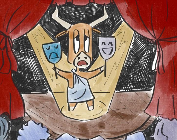 An illustration of Bevo, the UT mascot, performing in a spotlight on stage, holding two theatre masks