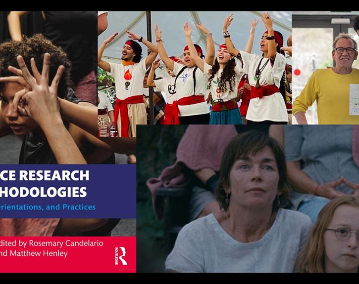 A collage of four images. One is a book cover for DANCE RESEARCH METHODOLOGIES, one is a still from a film and the others are of students collaborating on summer projects