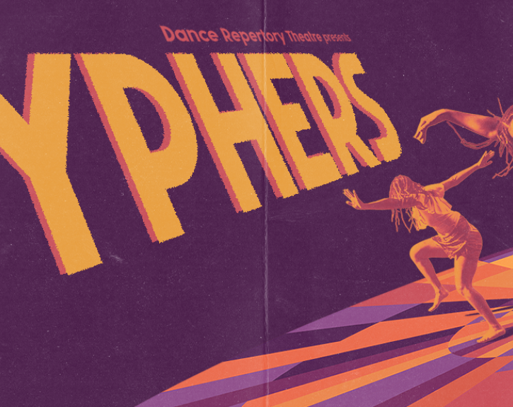 A purple, orange and yellow graphic for CYPHERS, featuring three figures dancing on a circle of multi-colored tiles