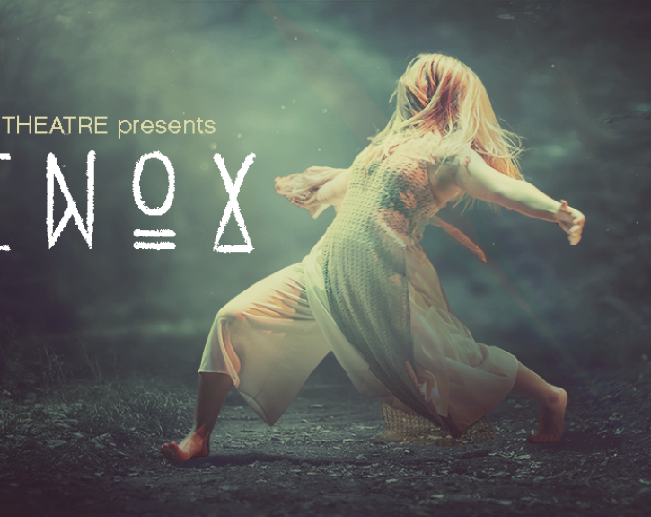 An etherial graphic for Dance Repertory Theatre's EQUINOX, featuring a dancer lunging forward with a forest of trees behind them
