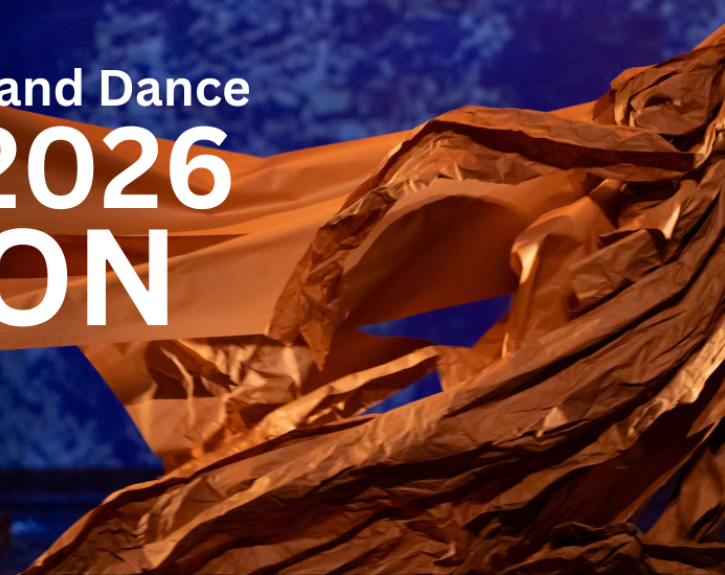 A dancer running with a large, textured paper trailing behind them, featuring the words TEXAS THEATRE AND DANCE 2025/2026 SEASON