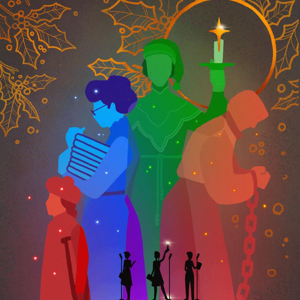 Four colorful astrological figures stand above three black silhouettes below
